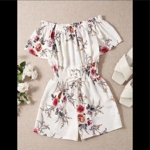 SHEIN off shoulder lace up front floral romper